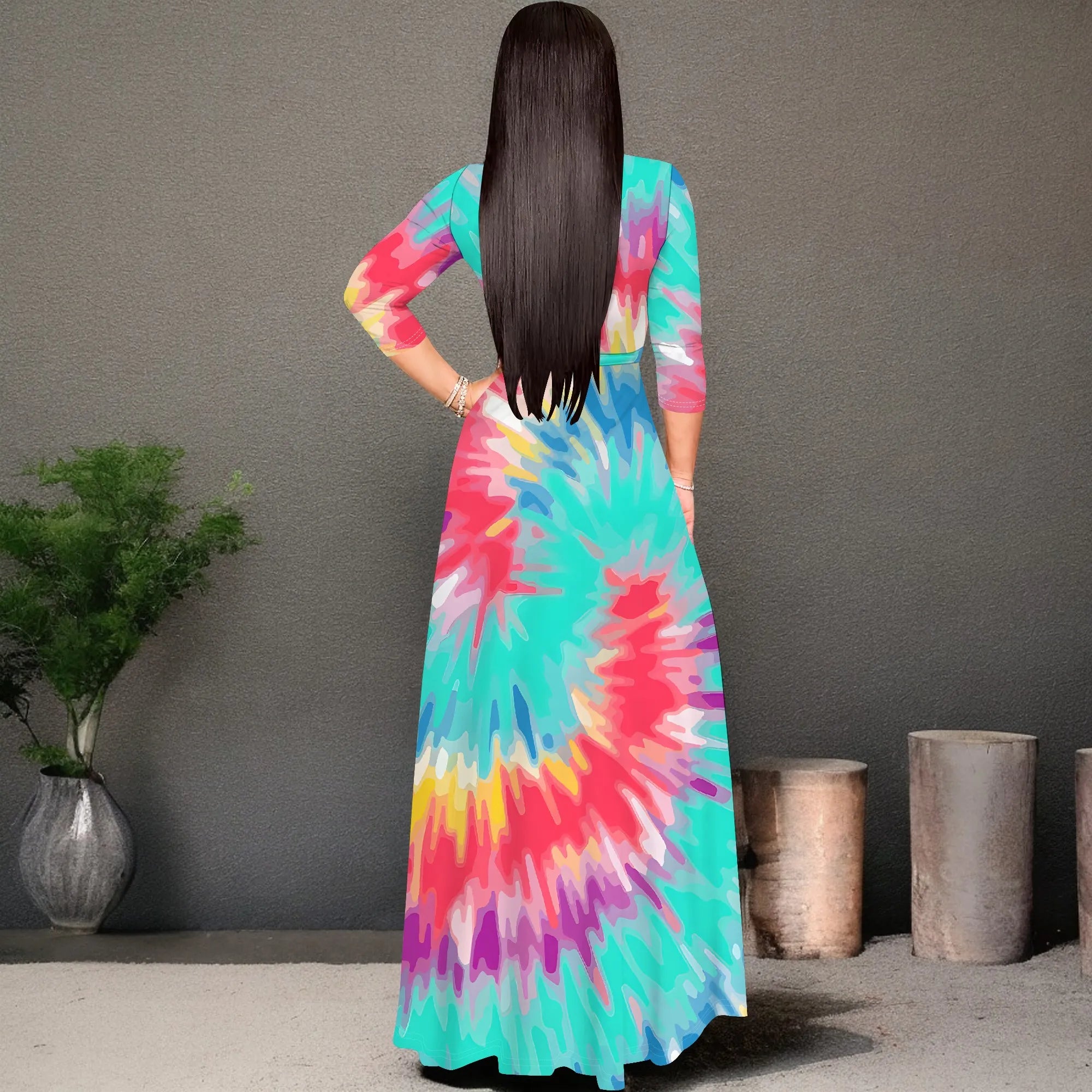 Colorful Tie-Dye V-Neck 3/4 Sleeve Wrap Maxi Dress with Belt - Women's Bold Bohemian Party Evening Resortwear