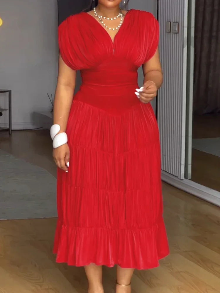 Women Casual Sleeveless Ruched Ruffles Hem Dress