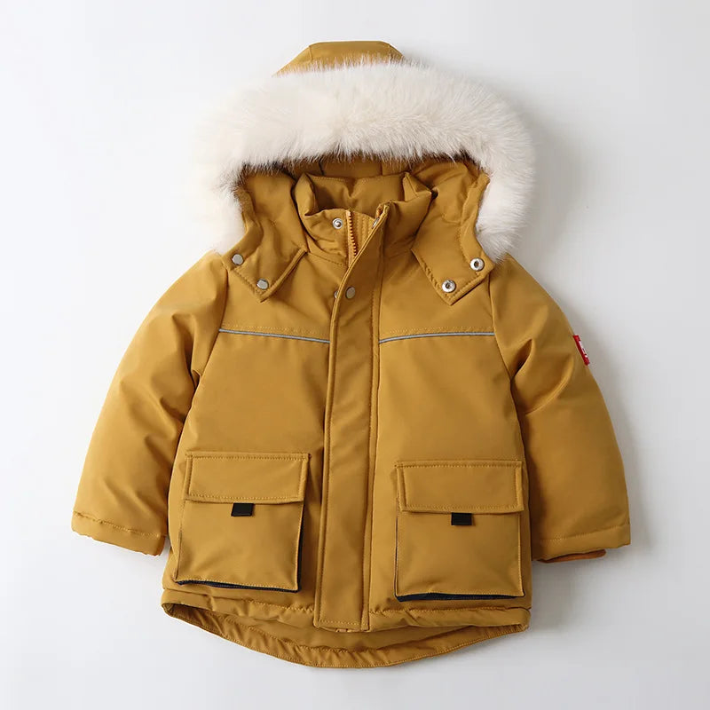 Unisex 2Pcs Winter Warm Children's Ski Clothes Set Thicken Fur Lining Hooded Coats & Overalls Set Snowsuit For Kids 2-5Y