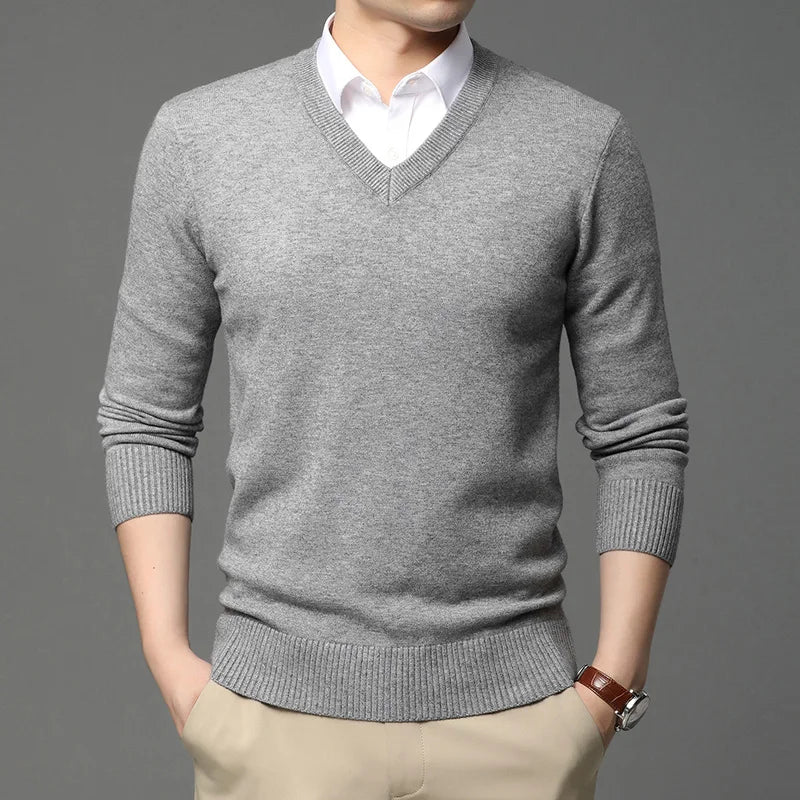Men's High Quality Fashion Brand, Woollen Knit Pullover V-Neck Sweater, Autumn and Winter Casual Male Jumper