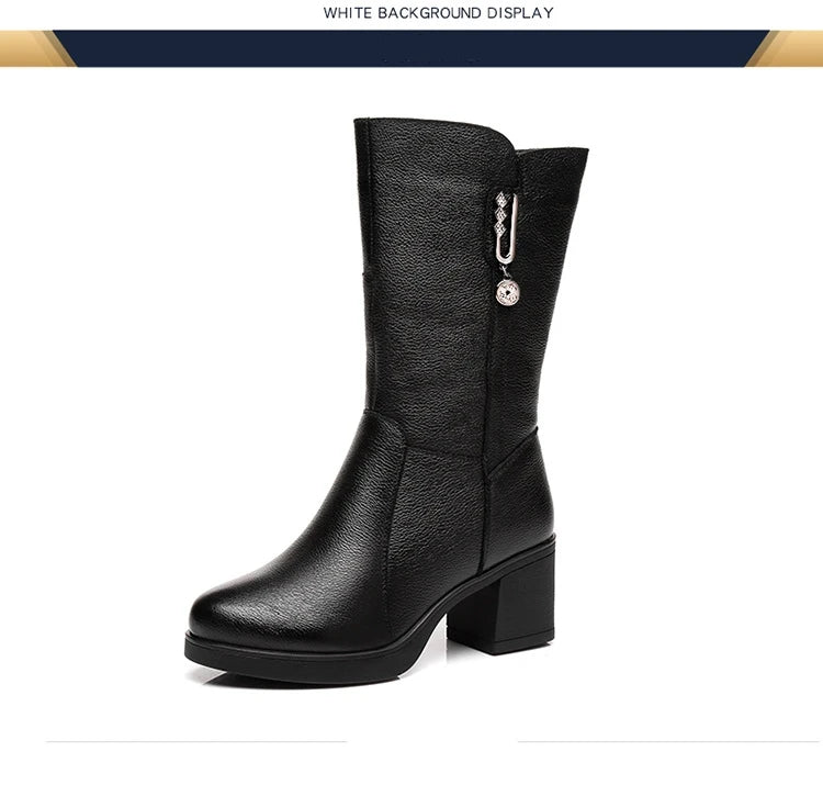 Women Genuine Leather Mid Calf Boots Female Mather Ladies Winter Fur Plush Warm