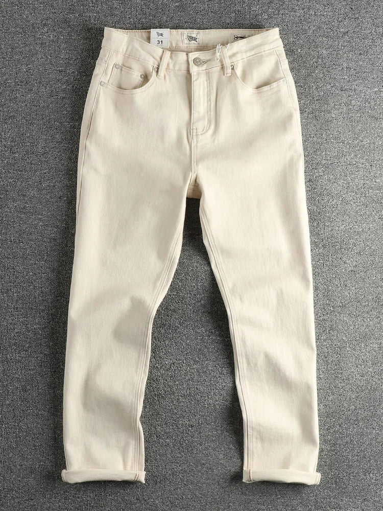 2025 Lente Herfst Nieuwe Amerikaanse Retro Beige Witte Denim Cargo Jeans Heren Eenvoudige 98% Katoen Gewassen Amekaji Casual Rechte Broek