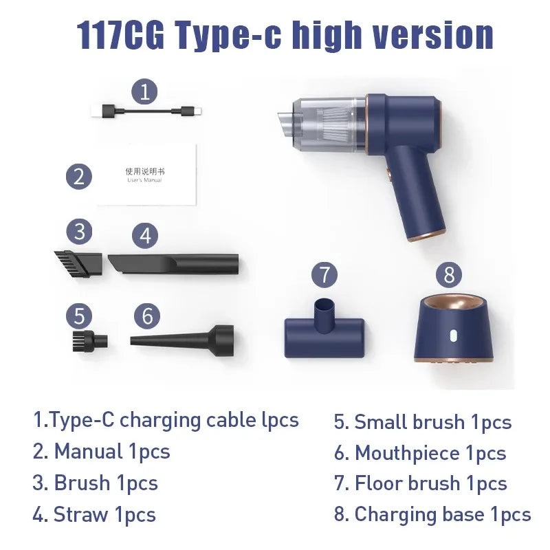 2-in-1 Wireless Car Vacuum Cleaner – Portable High-Power Handheld Vacuum with Multi Brush Heads & Type-C Charging