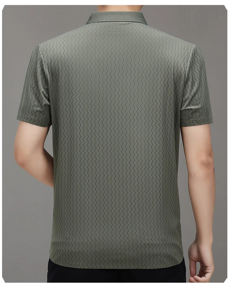 Men's Summer Lapel Shirt, Slim Fit Short-Sleeved, Fashion Dark Pattern Knitted Fabric Polo Shirt