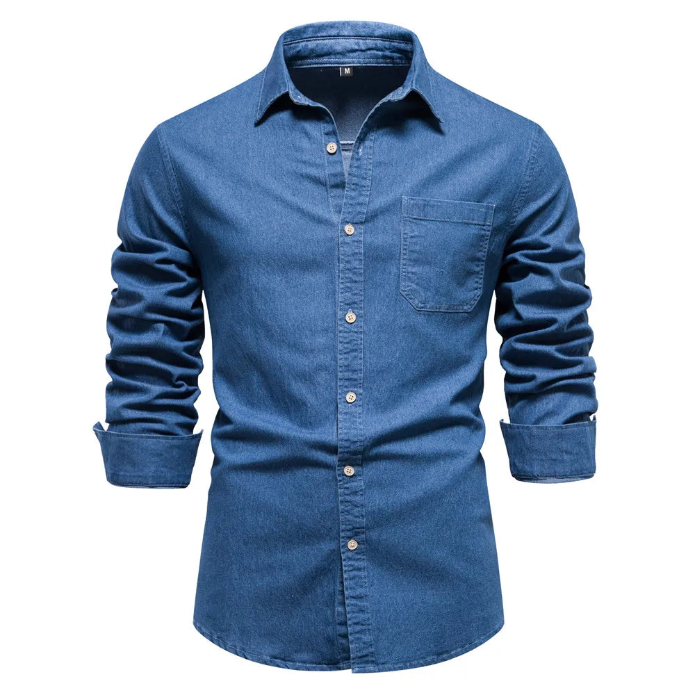 Men's Autumn Cotton Denim Shirt Solid Colour Single Pocket Casual Long Sleeve Jeans Shirt for Men