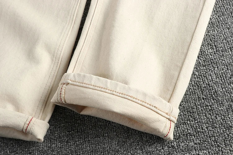 2025 Lente Herfst Nieuwe Amerikaanse Retro Beige Witte Denim Cargo Jeans Heren Eenvoudige 98% Katoen Gewassen Amekaji Casual Rechte Broek