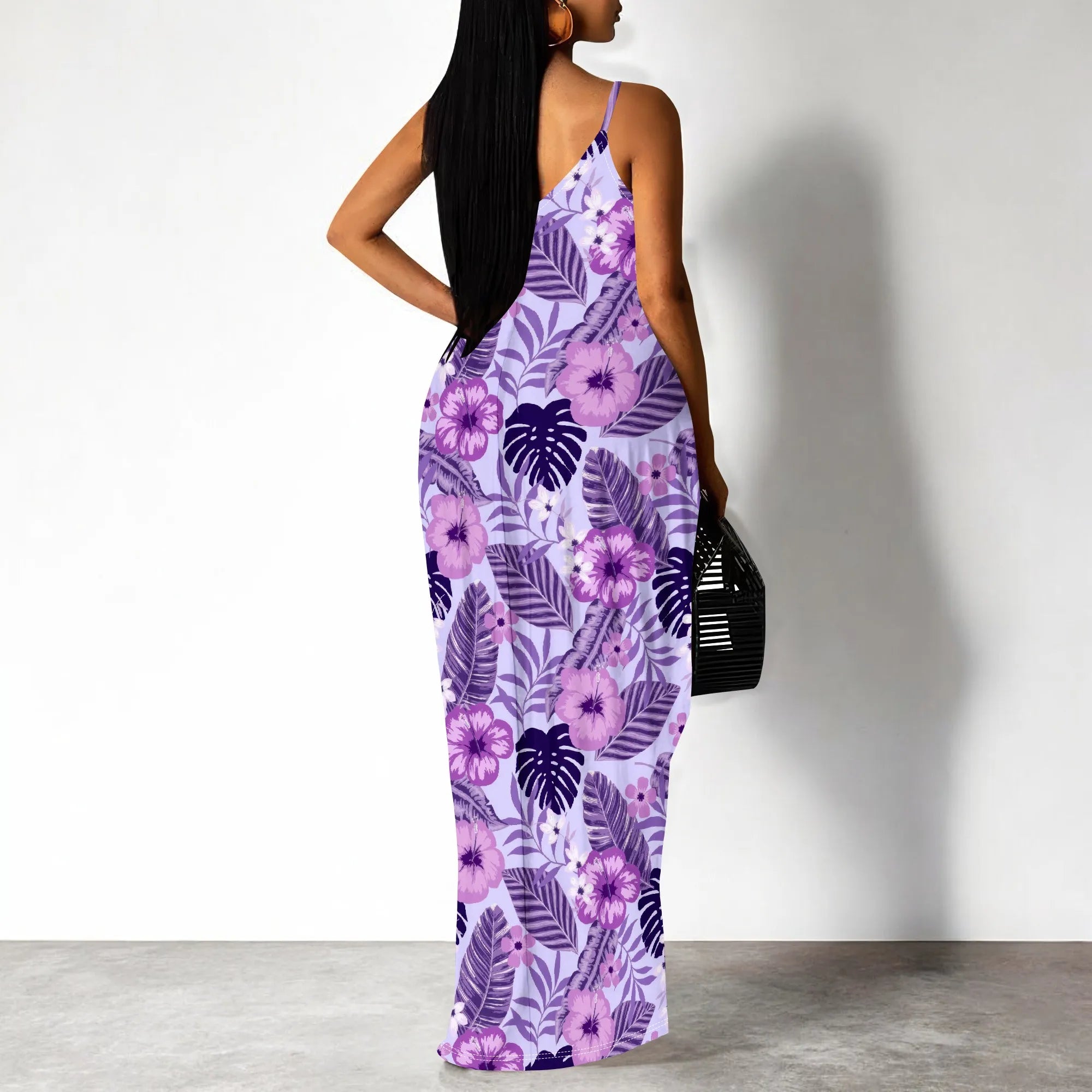 Purple Floral Print Spaghetti Strap Maxi Dress Women Tropical Sleeveless Summer Look