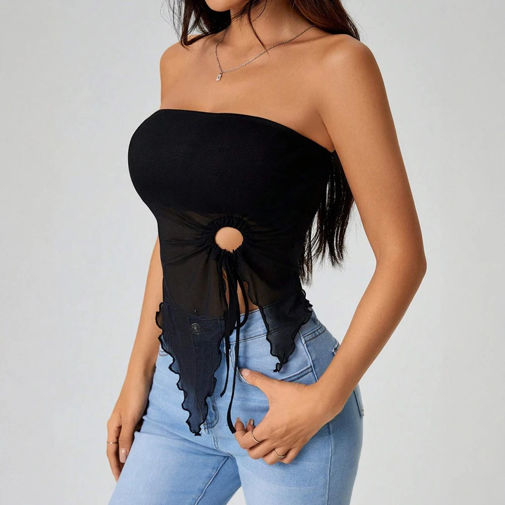 Women's Tanks Summer French Trendy Plain Cut Out Asymmetrical Hem Sleeveless Off Shoulder Tube Milkmaid Tanks