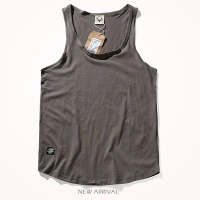 2023 Summer New American Retro Sleeveless O-neck Solid T-shirt Men's Fashion 100% Cotton Washed Old Casual Sports Vest Tops