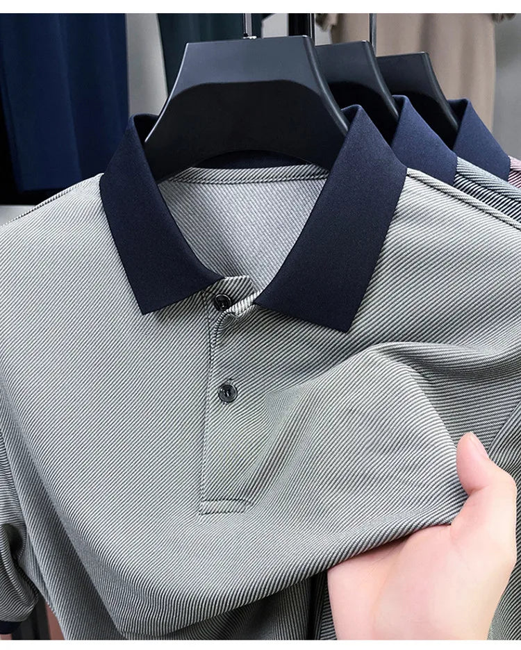 Men’s Breathable Polo Shirt – Stretch Fabric & Striped Design for Office/Casual Use Elastic Comfort and Classic Collar M-4XL