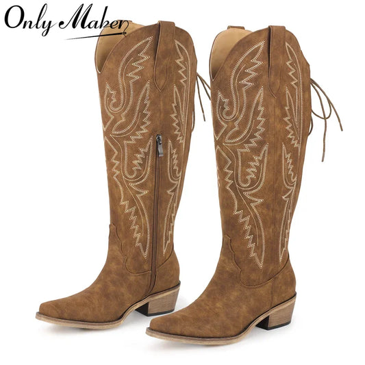 Women Pointed Toe Side Zipper Embroidered Western Cowboy Boots Block Heel Cowgirl Booties