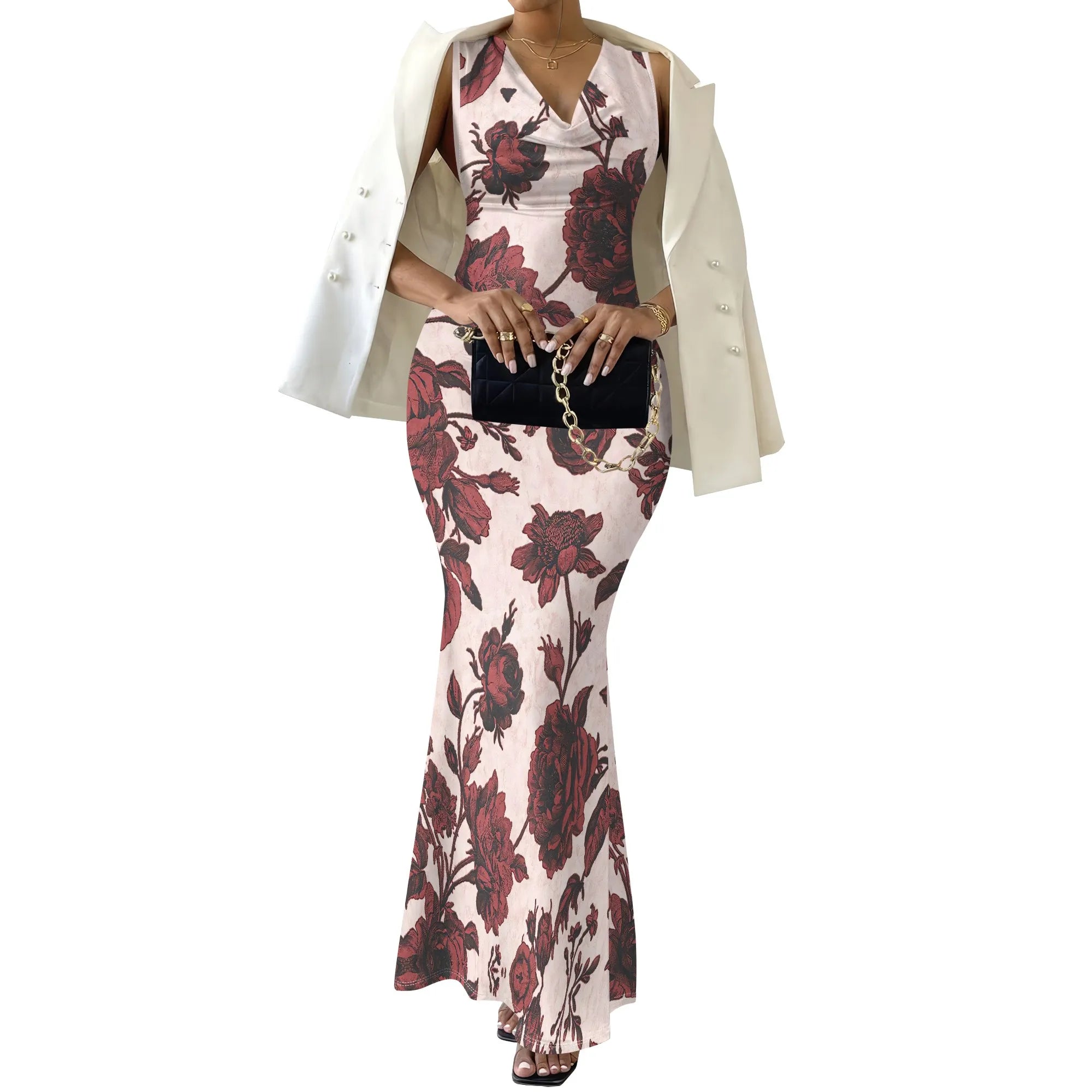 Women's V-Neck Sleeveless Maxi Dress Vintage Red Floral Print Elegant Bodycon Evening Dress