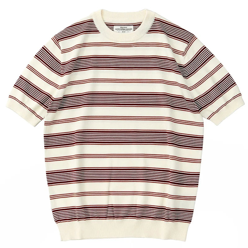 2025 Zomer Nieuwe Amerikaanse Retro 280G Korte Mouw O-hals Gebreid Gestreept T-shirt Heren Eenvoudig 100% Katoen Gewassen Casual Slim Tops