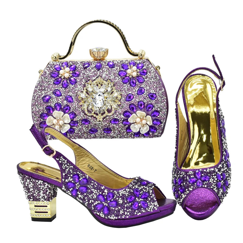 Italian Women Wedding Shoes and Bag Set Decorated with Rhinestone Africa Shoe and Bag Set Plus Size Heels 43 Wedding Shoes Bride