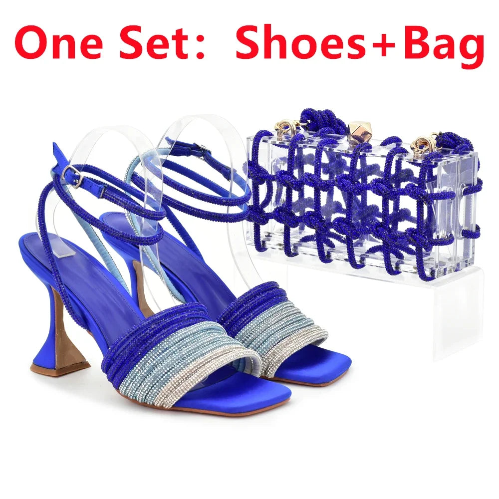 African Shoe and Matching Bag  Set Decorated with Rhinestone High Heels for Women