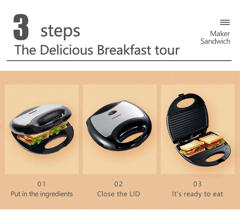 Breakfast Waffle Machine,  Sandwich Maker - Electric Toaster & Waffle Maker for Breakfast, Non-Removable, 750W