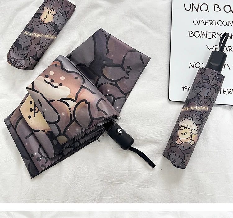 Automatic Fold Umbrella with Shiny Puppy Design | All-Weather UV Sunshade | High - End Ins Style for Women