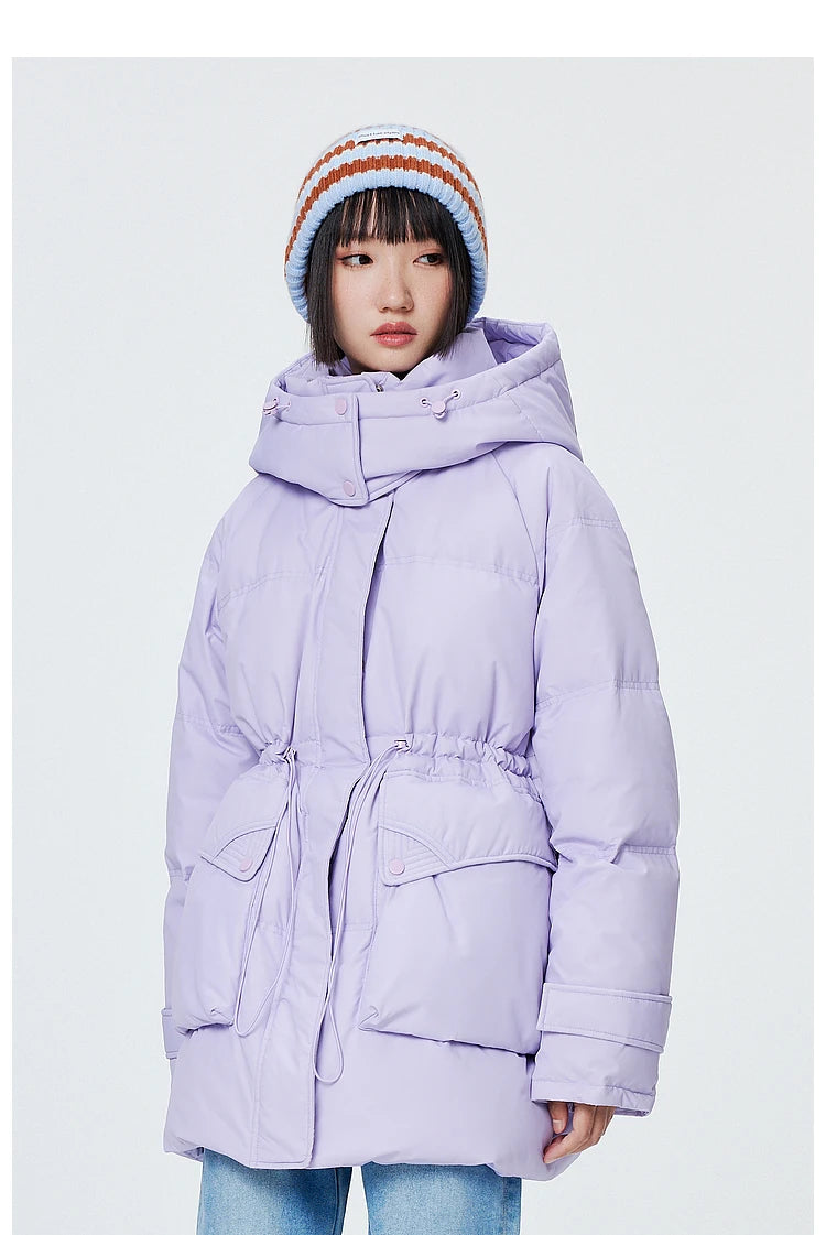 Women's Winter Warm Oversized Long Hooded Down Jacket, Adjustable Pig Nose, Buckle Waist Belt Utility Duck Down Parka For Ladies