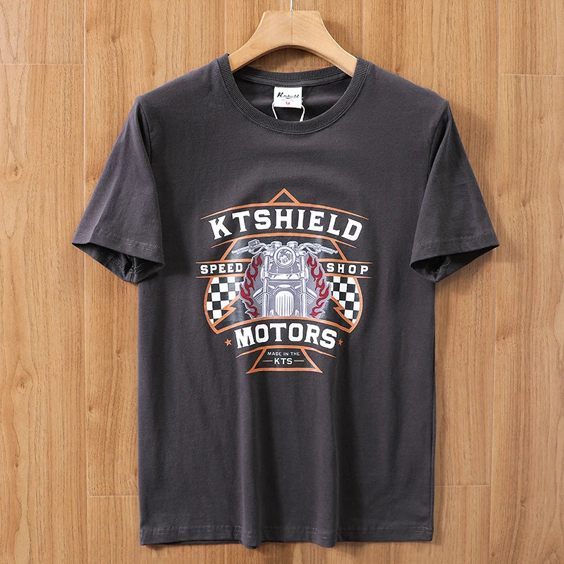 2025 Summer New American Retro 250g Short Sleeve O-neck Printed T-shirt Men's Fashion 100% Cotton Washed Casual Loose Tops