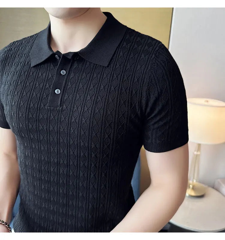Men's Slim-Fit Jacquard Knitted Short-Sleeved Polo Shirt for Male Fashion Lapel Golf Shirt
