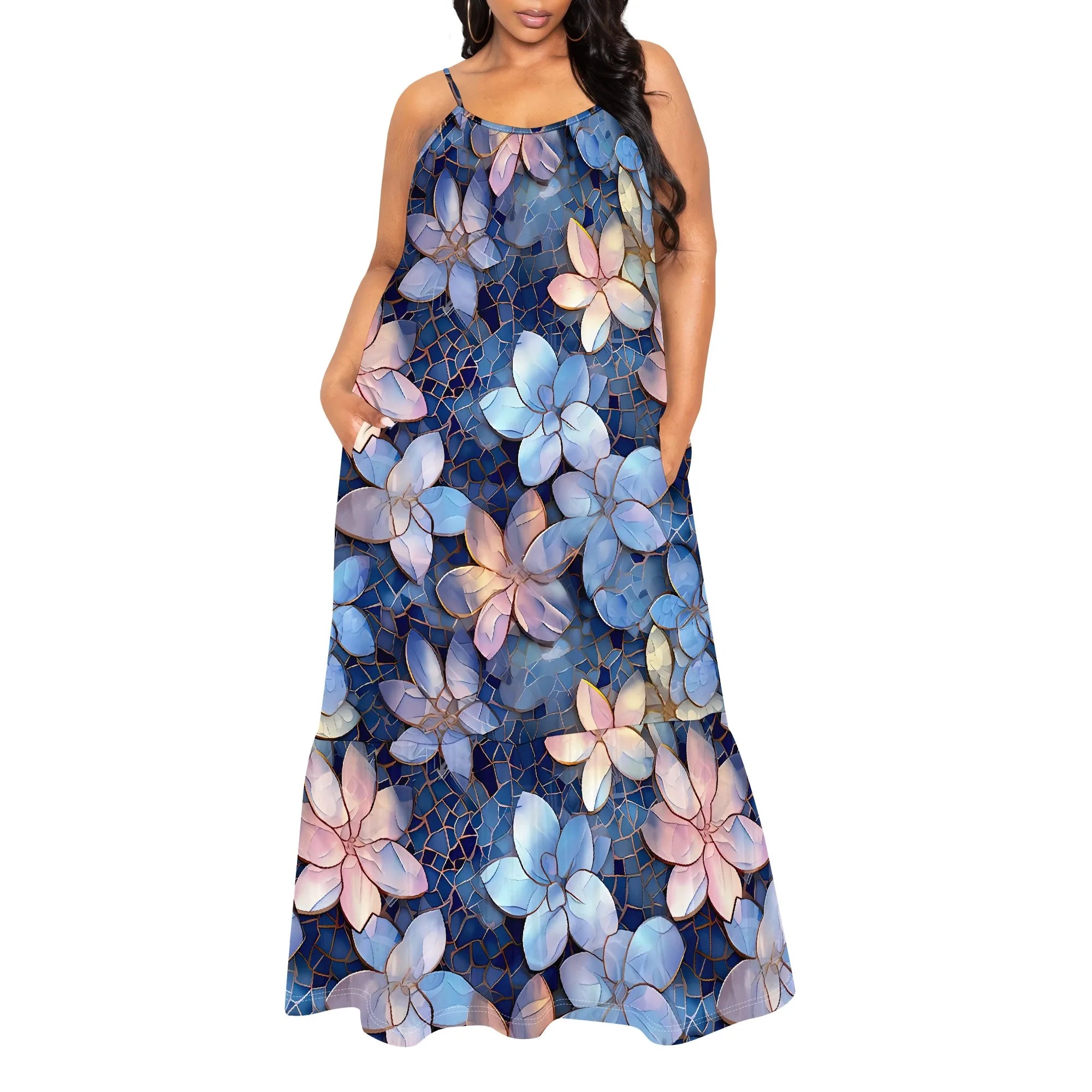 Watercolor Floral Print Sleeveless Maxi Dress Women Casual Beach Style Spaghetti Strap Outfit