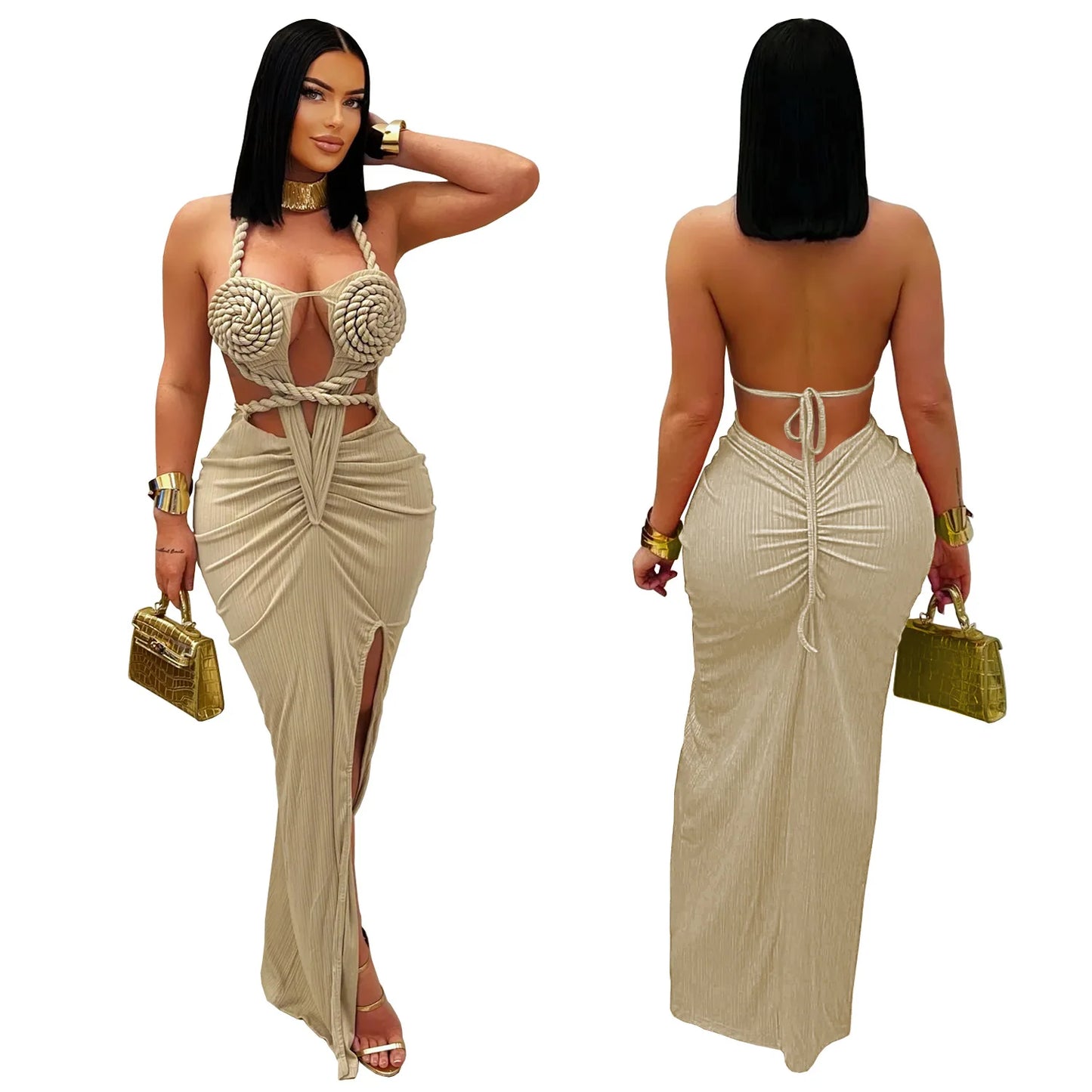 Bohemia Knitted Women Maxi Dress 2025 Summer Halter Lace Up Backless Split Sheath Vestidos Beach Vacation Robe