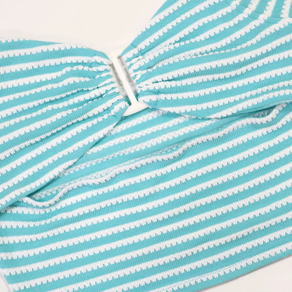 Women's Sexy Halter Backless Striped Sleeveless Top and High Waist Pencil Pants 2pcs Set