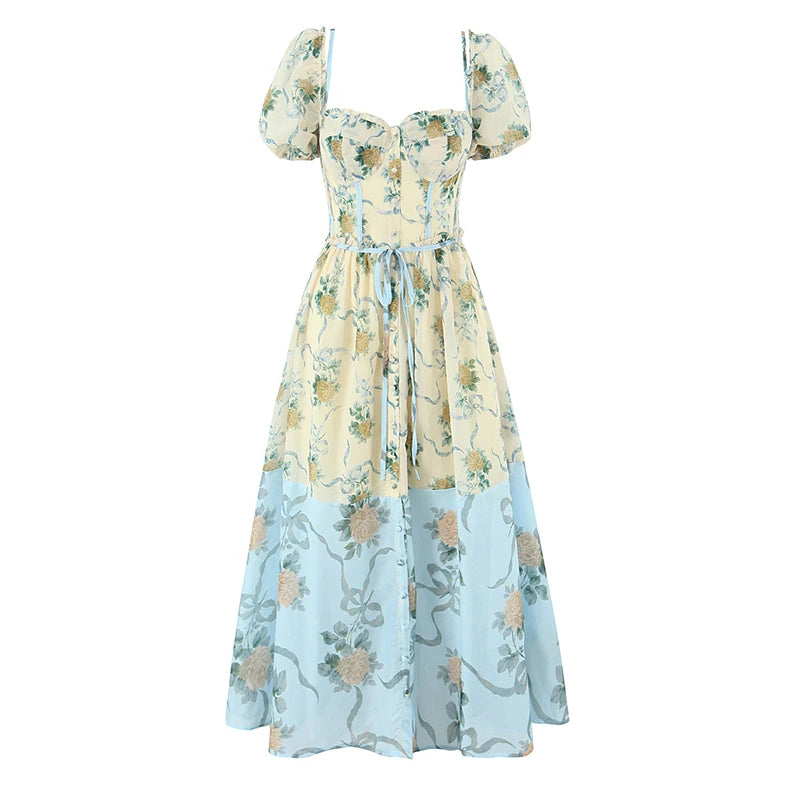 Patchwork Floral Print Boho Summer Dresses Women Vintage Puff Sleeve A-line Midi Chiffon Dress Chic Lady Vacation Robe