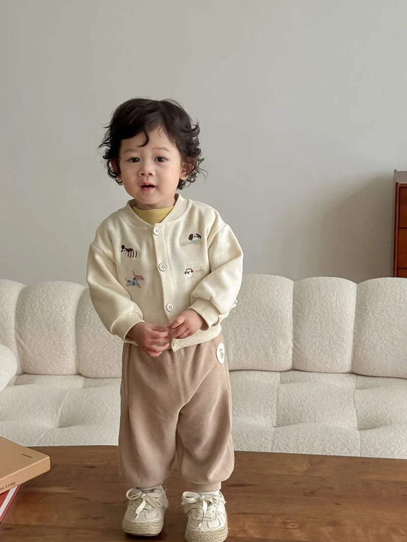 New Autumn Boys Girls Dog Baseball Uniform Cartoon Embroidered Pattern Kids Coat Fashion Children Clothes Pants 9M-5T Unisex