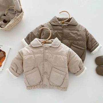 Baby Children's Winter Clothing Solid Colour Cotton Jacket Girls Simple Pocket Outwear Boys Fur Lining Warm Coat 0-5Y Unisex