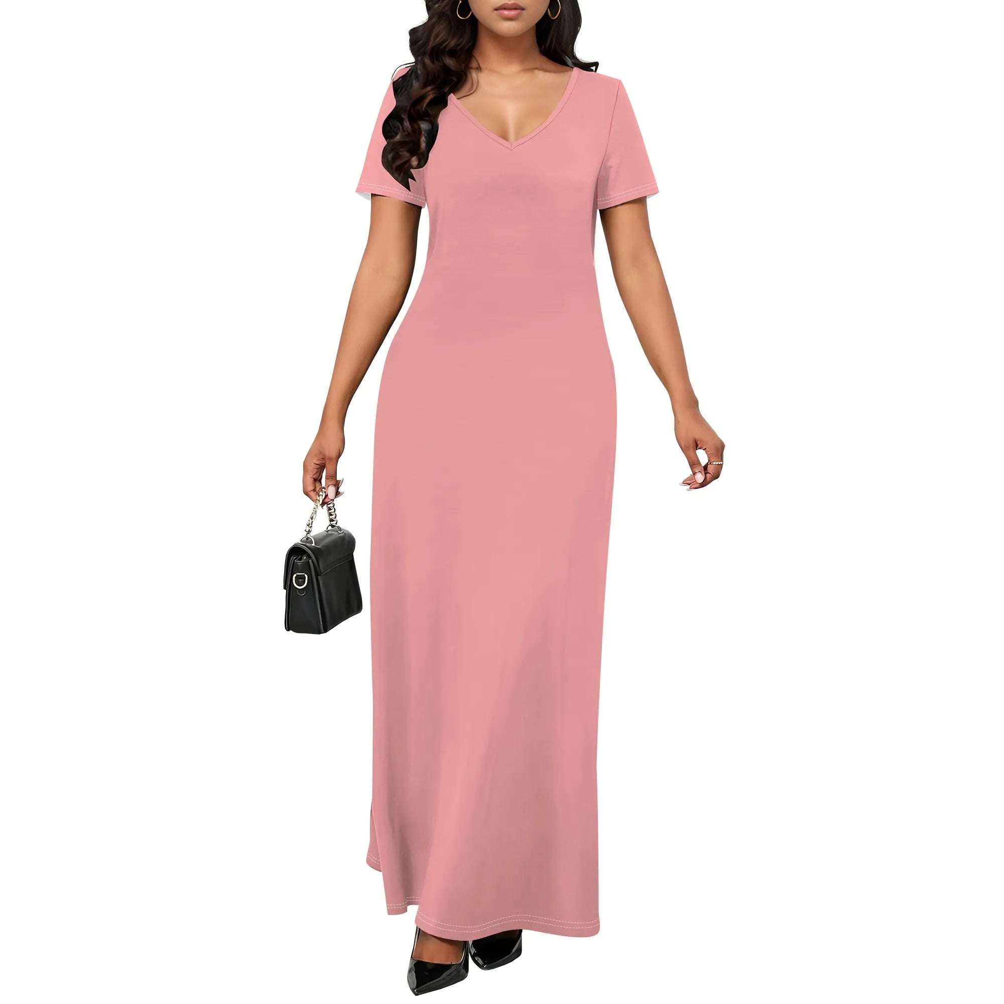 Women's Casual Short Sleeve Sexy V Neck Solid Color T Shirt Maxi Dress Summer Beach Swing Sundresses with Pockets