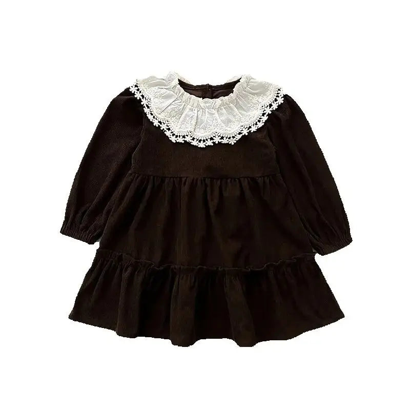 Spring Autumn Girls' Dress Corduroy Long Sleeve Lace Ruffled Collar Dress for Kid's Children's Clothing 2-6Y Girls