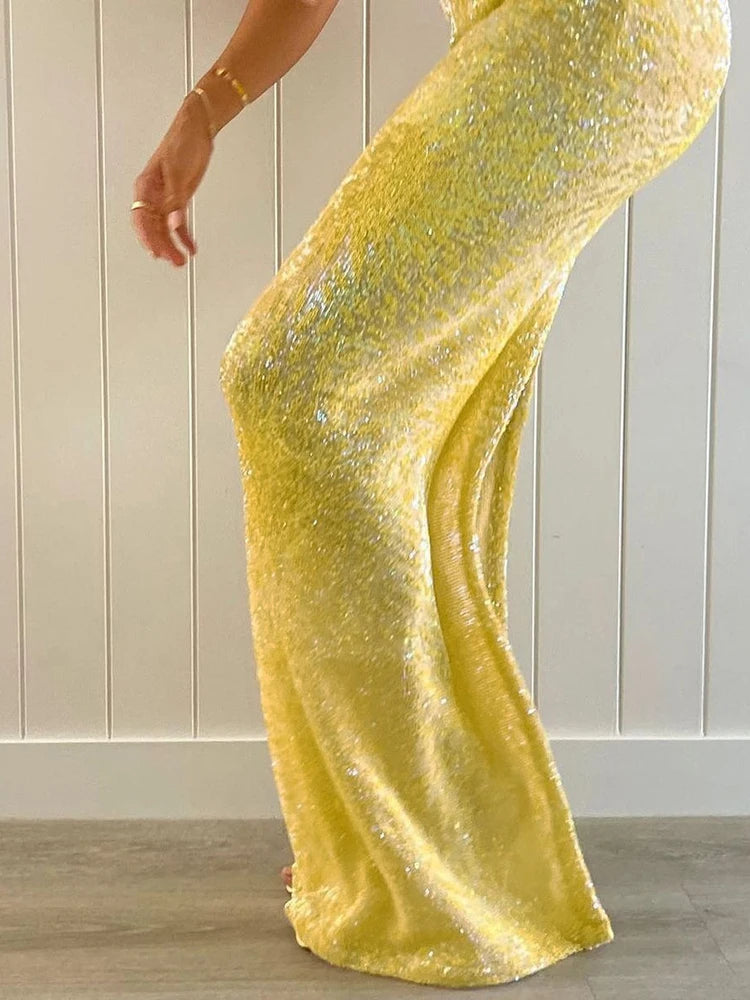 Sequins 2-Piece Set Women Glitter Tube Tops + Long Skirts Skinny Summer Trend Beach Party Matching Vacation Sexy Suit