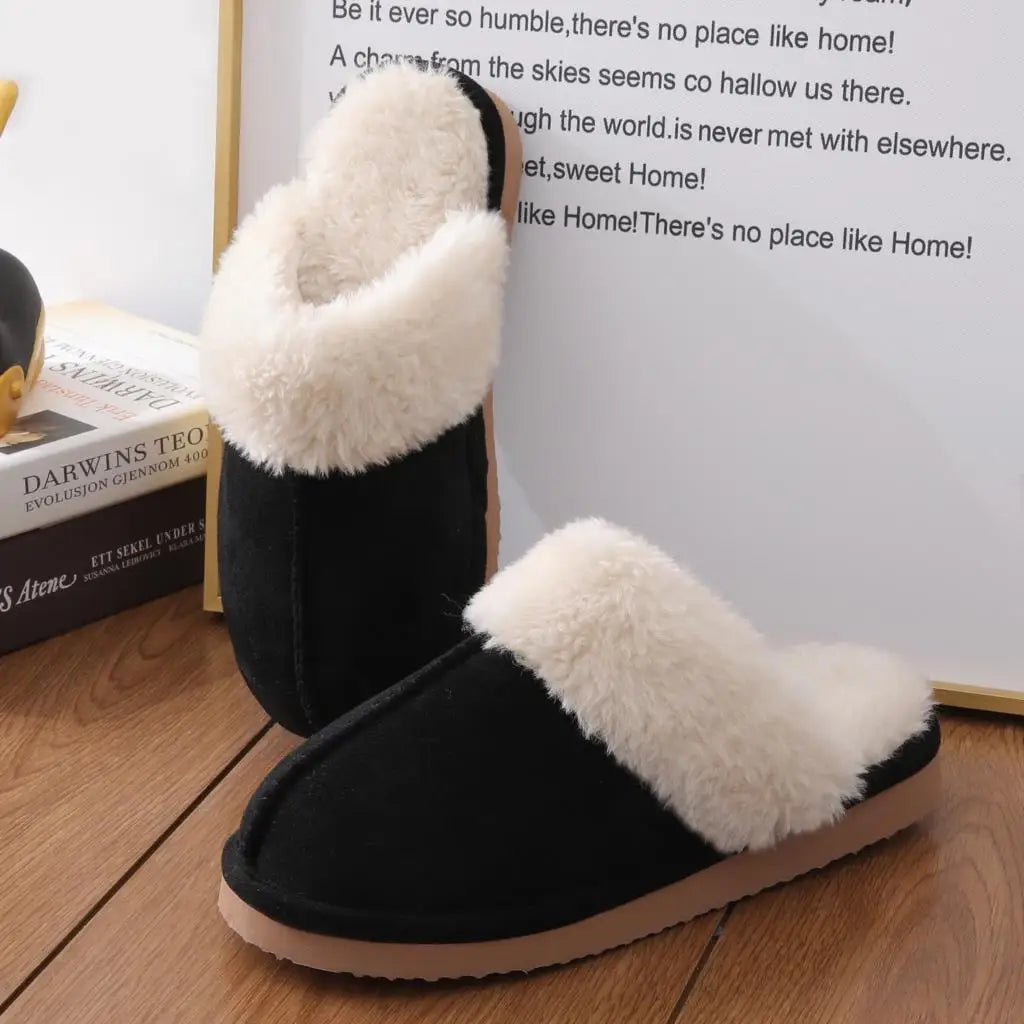 Unisex Winter Fur Slippers Home Suede Mules Short Plush Slippers For Indoor Warm Cosy Fuzzy Flats Slides For Men & Women
