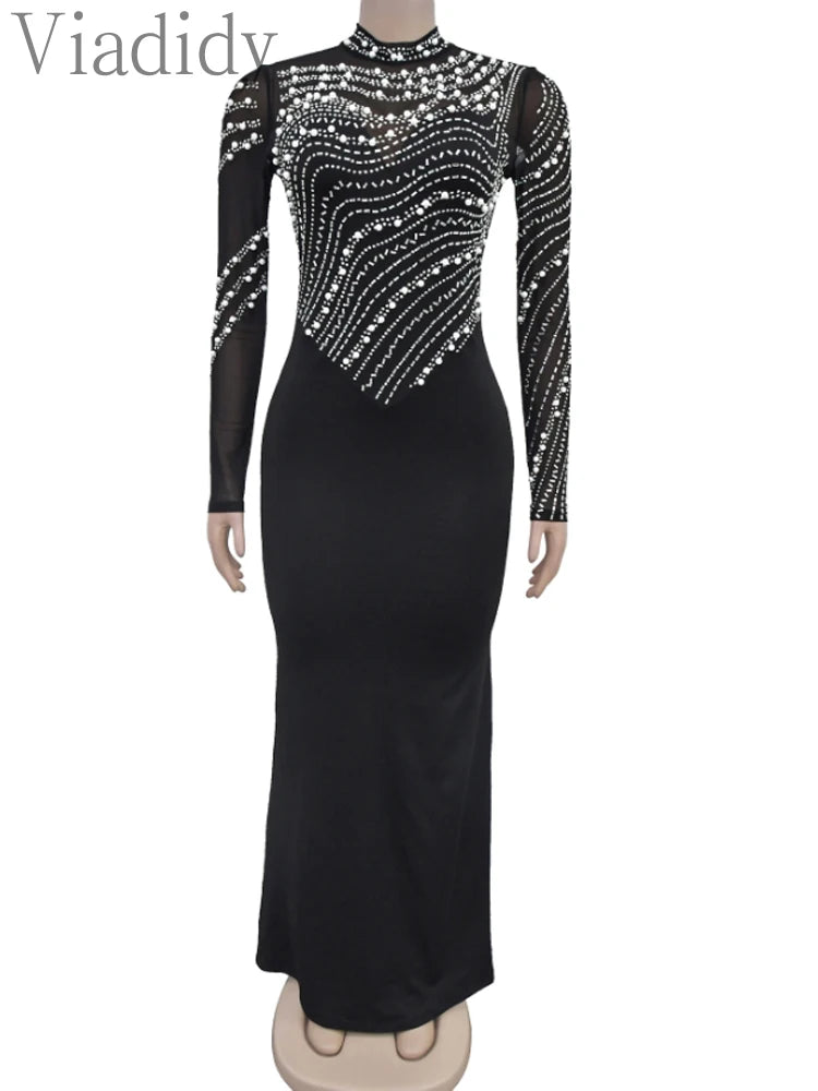Sexy Mesh Patchwork Rhinestone Beads Floor Length Party Long Dress