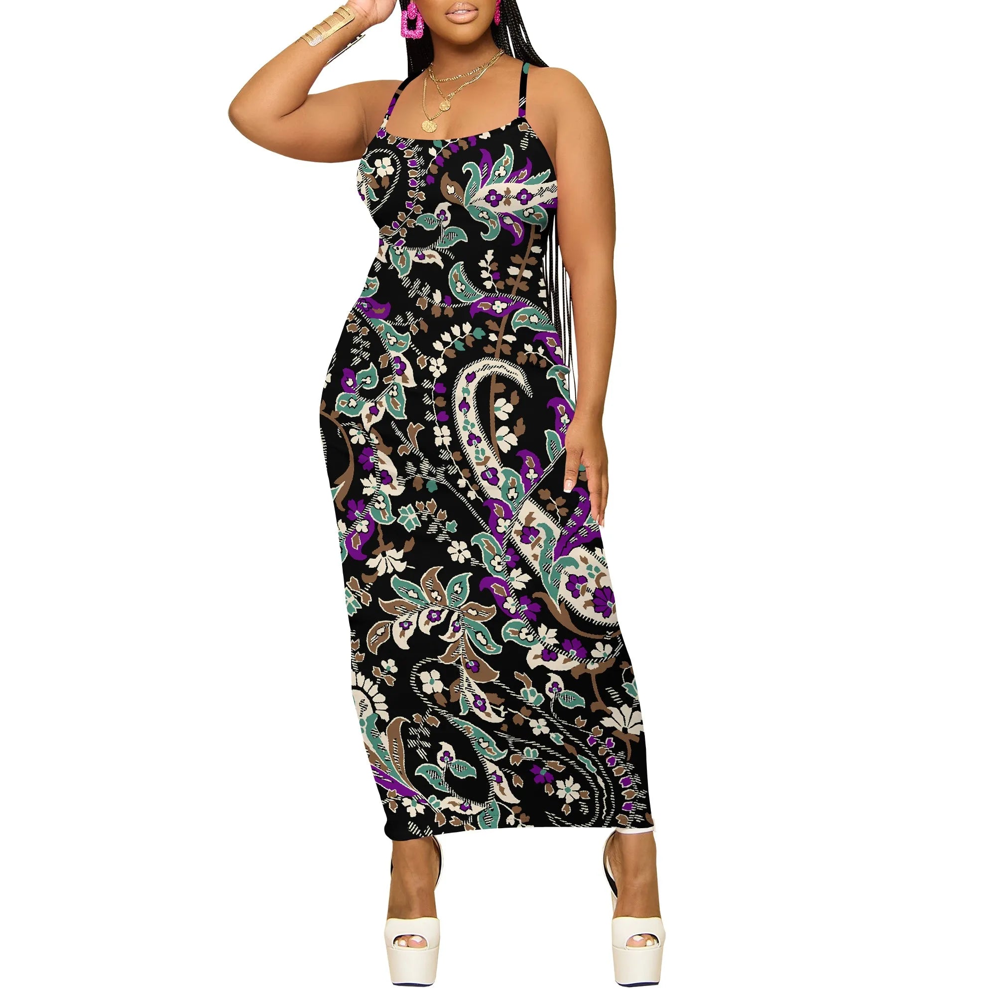 Elegant Spaghetti Strap Maxi Dress for Women Summer Black Floral Print Slim Fit Casual Beach Dress