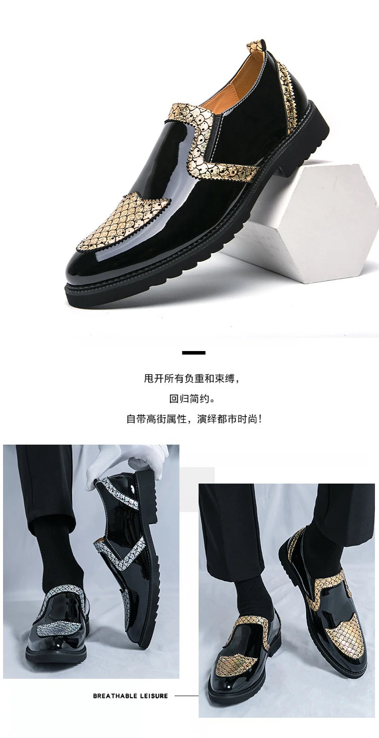 Slip-on Men Formal Dress Party Shoes Black Silver Male Business Adult Loafers Large Size 38-47 Adult Fashionable Wedding Shoes