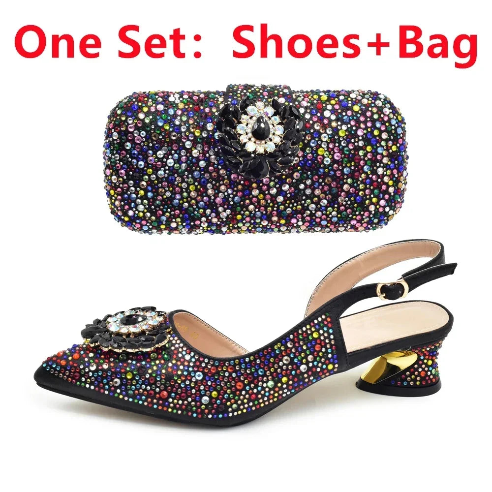 New Fashion Shoes Matching Bag Set Decorated with Crystal Ladies Wedding Party Women High Heel Pumps Luxury Rhiinestone Shoes