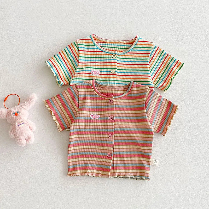 New Summer Girls Colourful Striped Cardigan Kids Short-Sleeved Knitted Sweater Children Cute Lace Bow Jeans 0-5Y Girls
