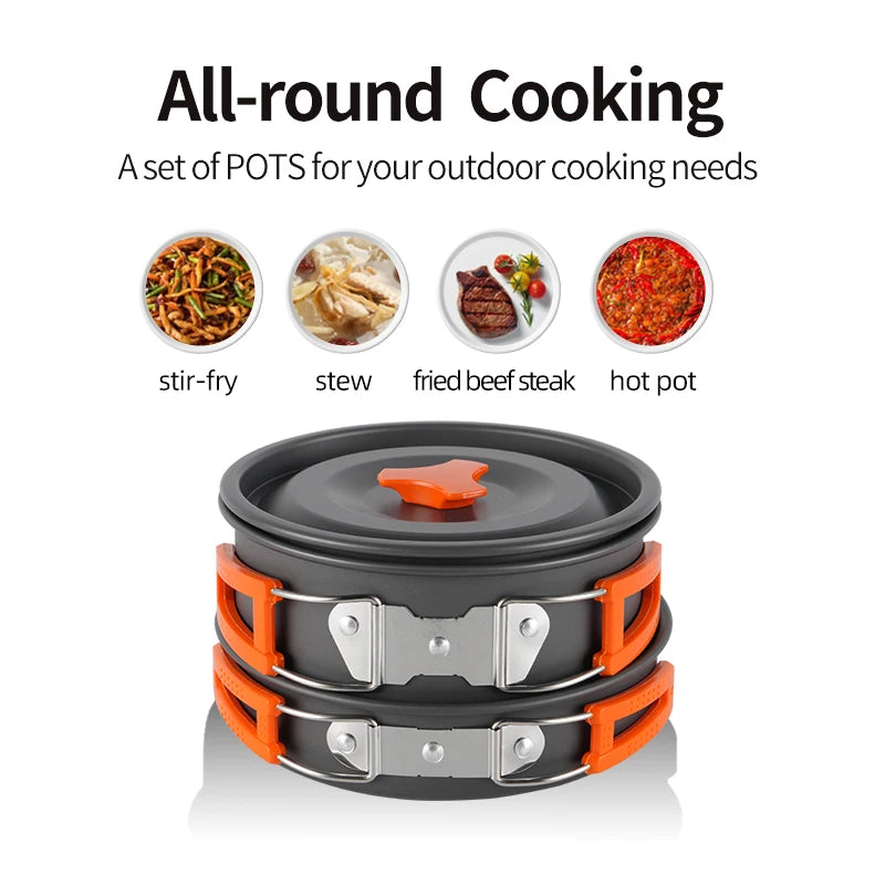 BRS 1set Camping Cookware Kit Outdoor Portable Aluminum Cooking Set Pots Dishes Bowler Kitchen Equipment Gear for Cooking Picnic