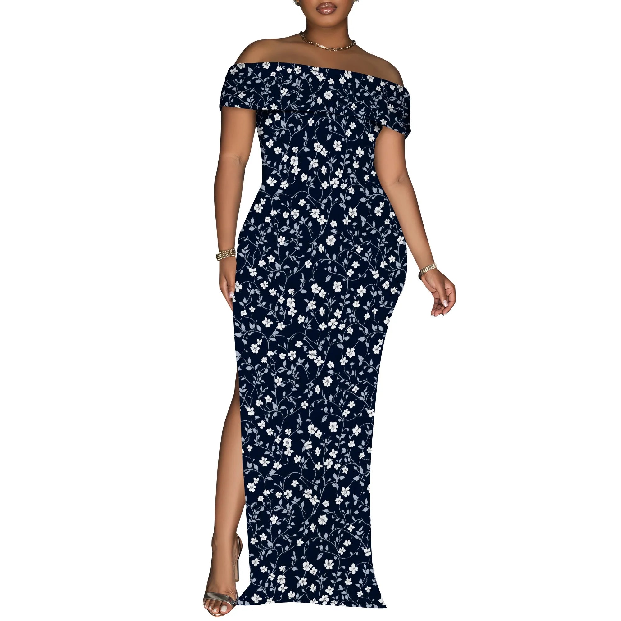 Vintage Floral Off Shoulder Maxi Dress Women Elegant Red Print Bodycon Long Gown Evening Look