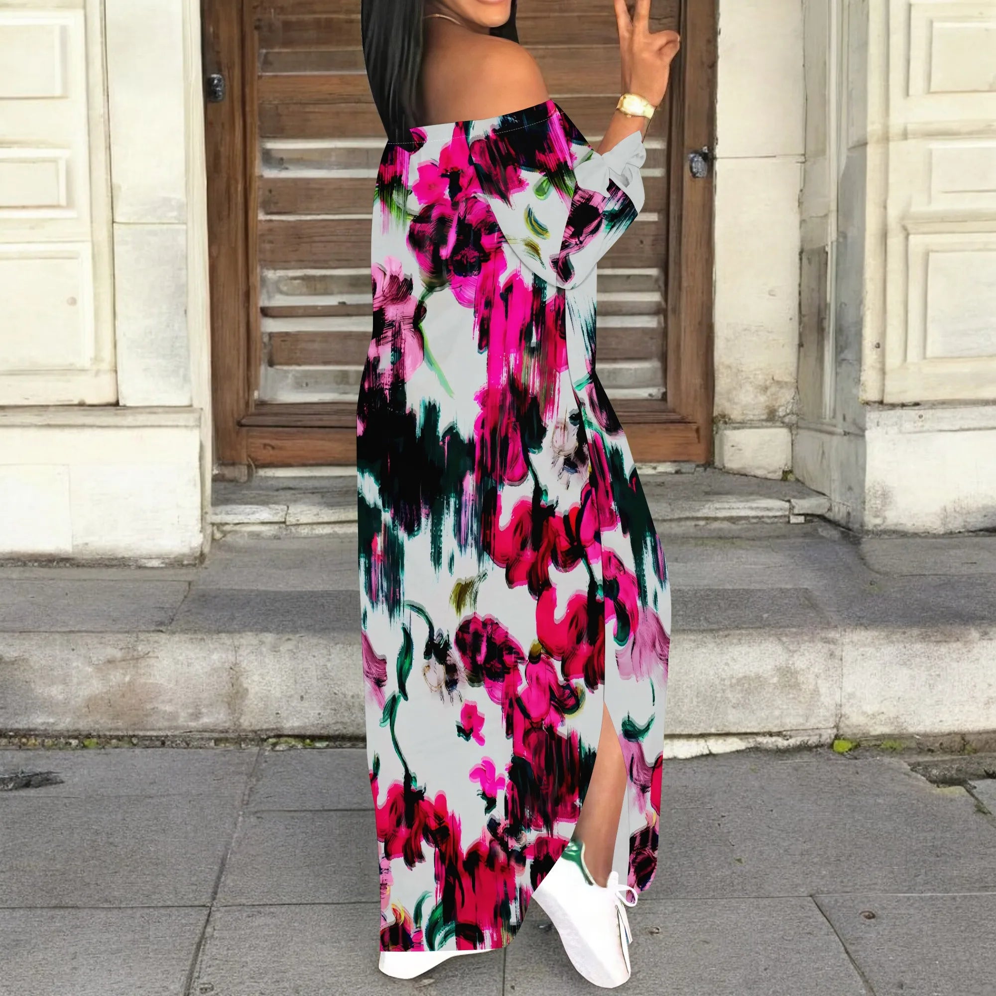 Women's Floral Off Shoulder Maxi Dress 3/4 Sleeve Multicolor Blue Slit Party Evening