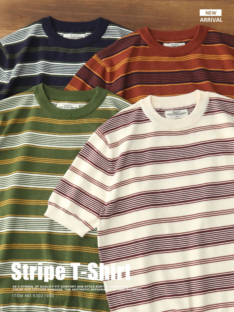 2025 Zomer Nieuwe Amerikaanse Retro 280G Korte Mouw O-hals Gebreid Gestreept T-shirt Heren Eenvoudig 100% Katoen Gewassen Casual Slim Tops