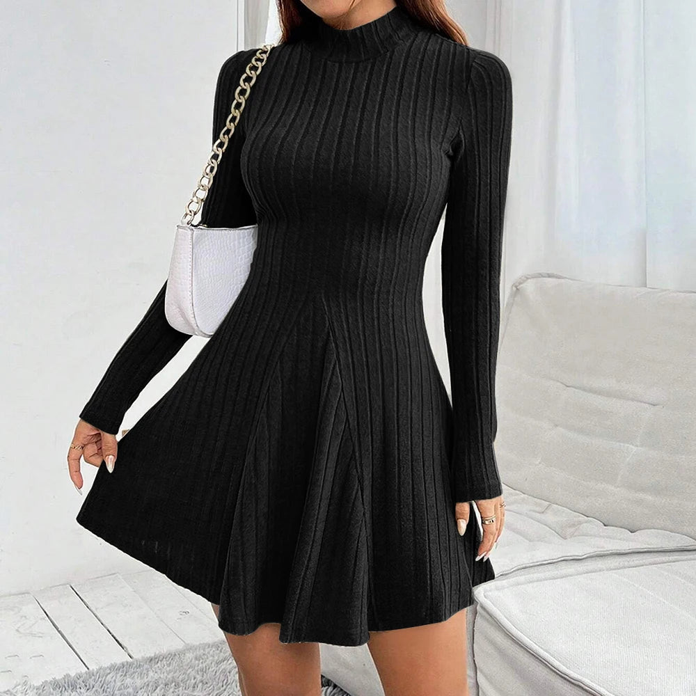 Women's Dresses Fall Winter Simple Solid Colour Long Sleeve Mock Neck A Line High Waisted Flare Hem Casual Short Dresses