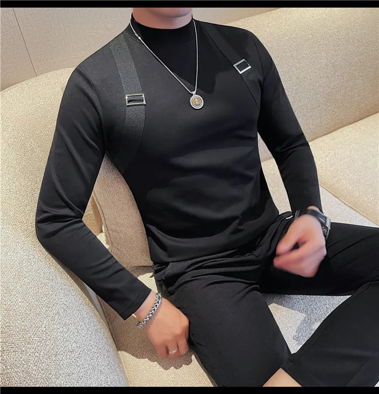 Men's Strap Long-Sleeved T-shirt For Autumn and Winter, Slim Fit Half Turtleneck Bottoming Shirt, Fashion City Knitwear