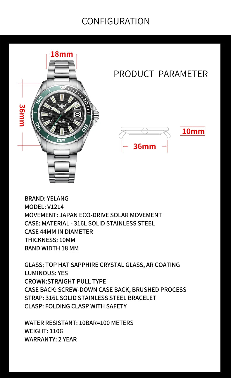 Yelang V1214 Women's Watch Japan VS43 Eco-Drive Solar Watch 36mm Ladies Fashion Sapphire Swiss Luminous 100M Waterproof Watch