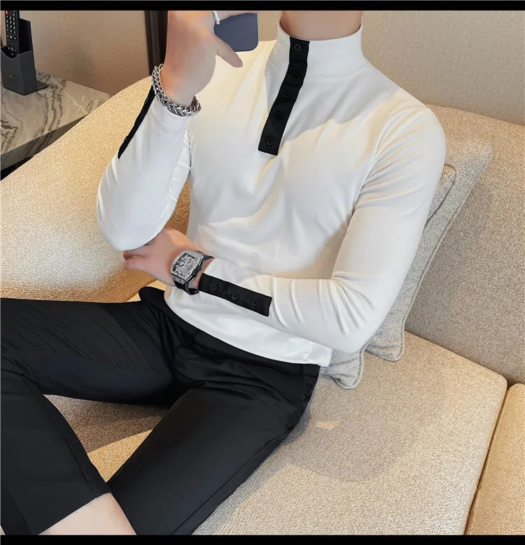 Men's High Quality Long Sleeve T-shirt For Autumn & Winter, Half-High Collar, Solid Colour Top. Collar Button Polo, Suitable As Business Casual