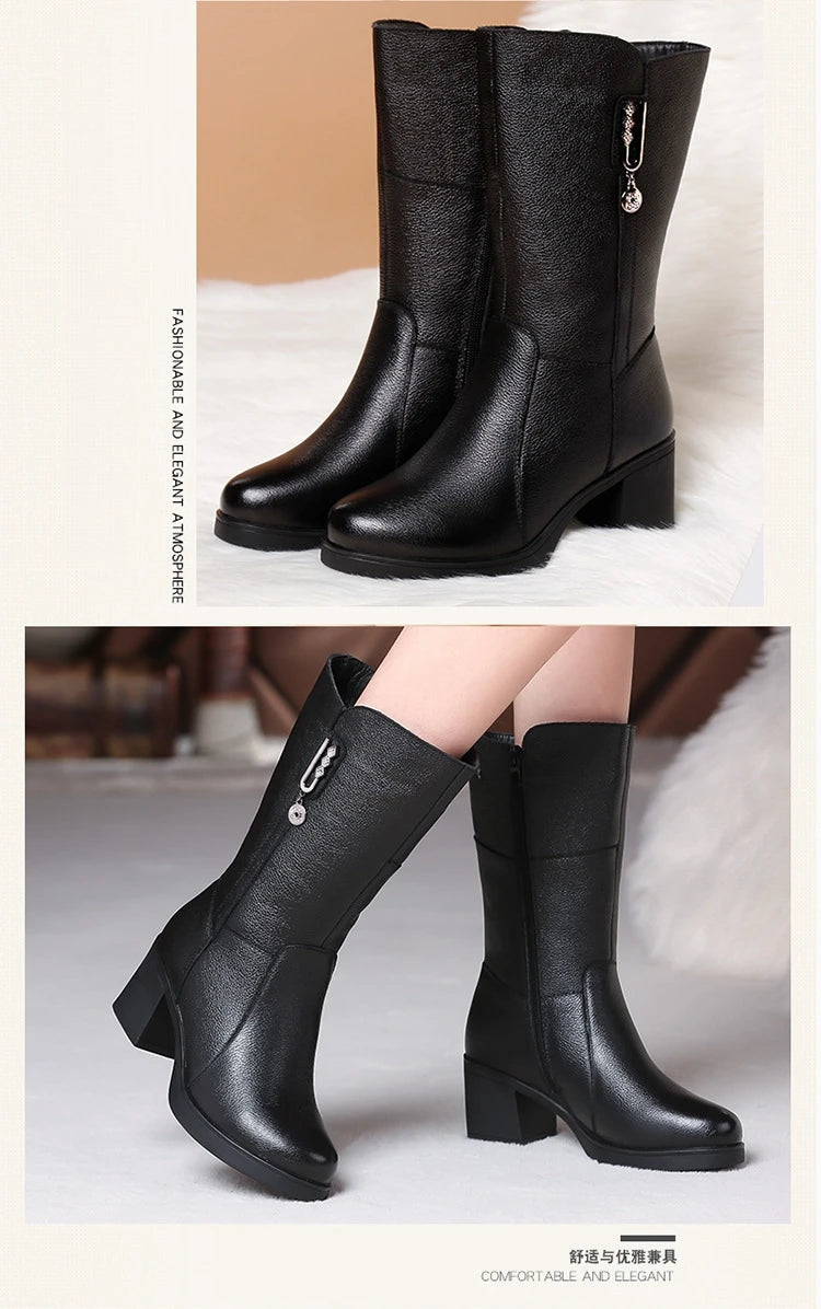 Women Genuine Leather Mid Calf Boots Female Mather Ladies Winter Fur Plush Warm