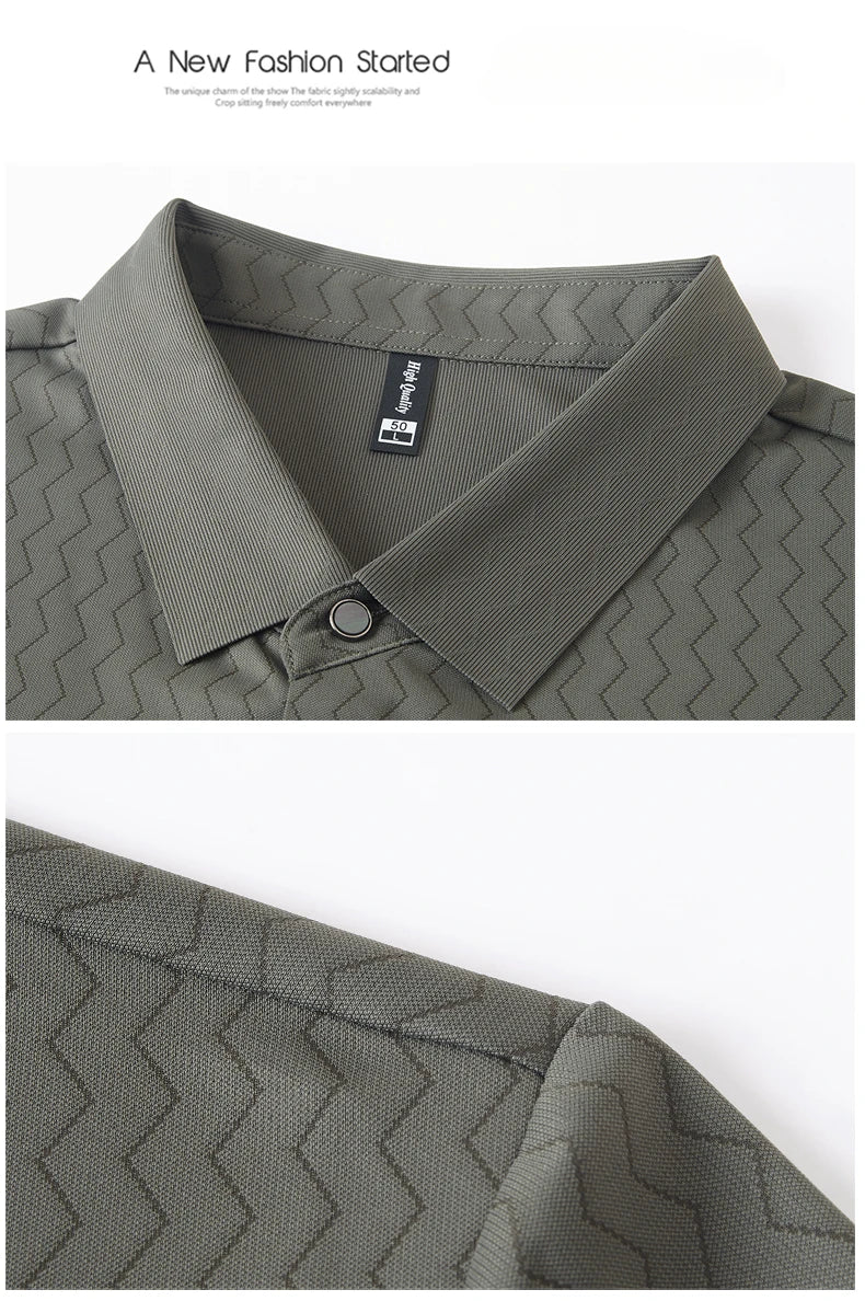 Men's Summer Lapel Shirt, Slim Fit Short-Sleeved, Fashion Dark Pattern Knitted Fabric Polo Shirt