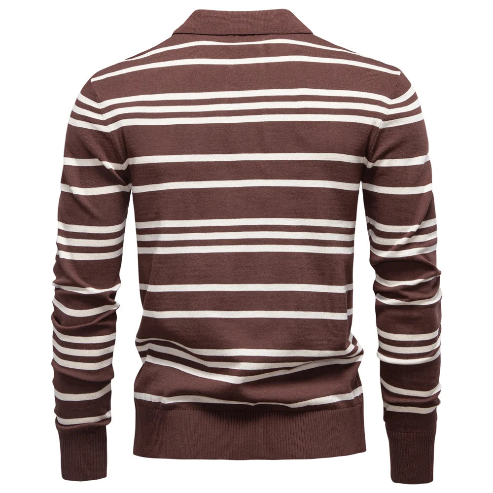 Men's Colour Block Striped Long Sleeve Polo Shirt For Autumn - Designer Business Premium T-shirts